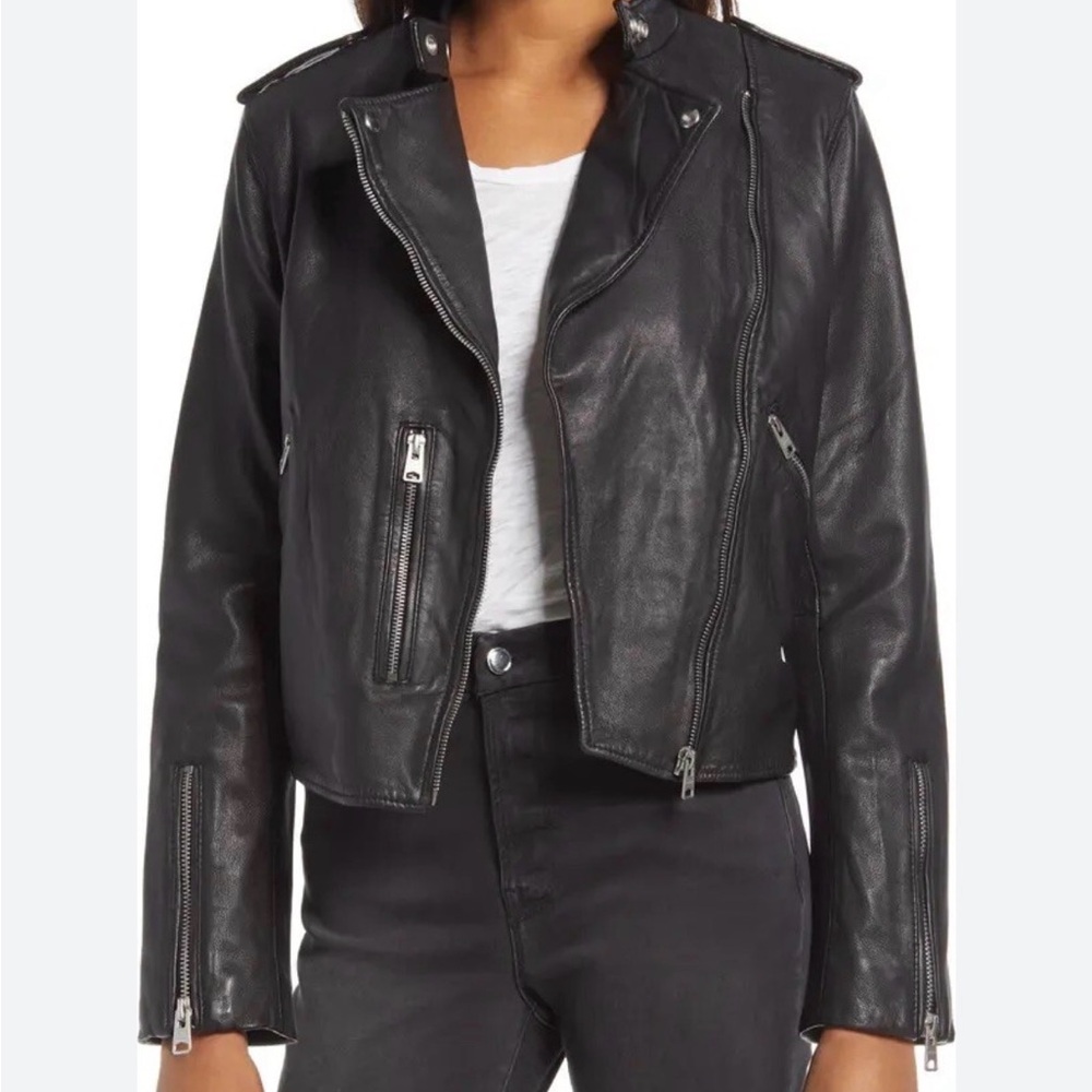 Elodie Black Leather Jacket with Zipper Details